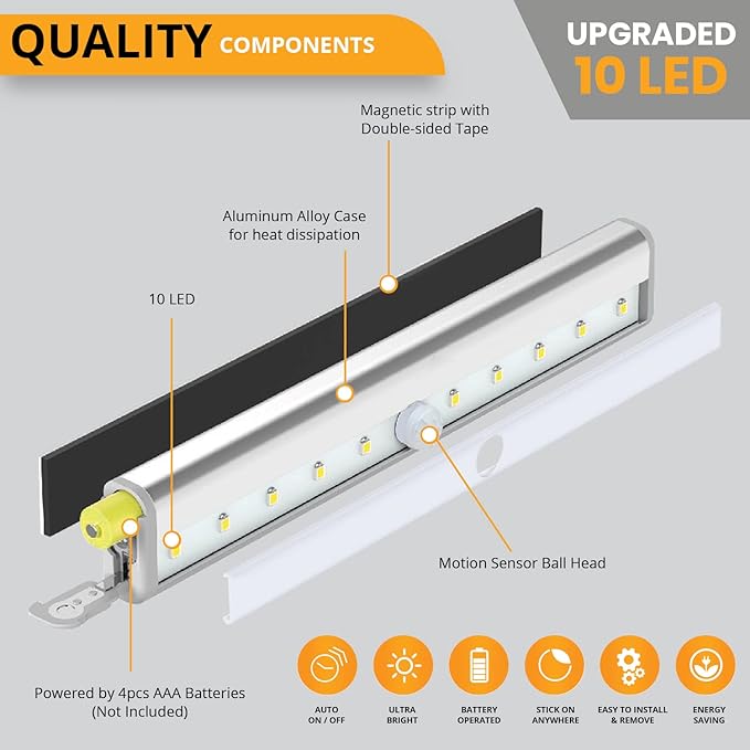 PeakPlus LED Motion Sensor Light, LED Battery Operated Lights, Under Cabinet Lighting, Stick On Lights, 10-LED Magnetic Wireless Motion Sensor Night Light for Closet, Counter, Stairway (4 Pack)