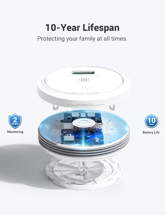 Smoke and Carbon Monoxide Detector Combo 10 Year Battery, Dual Sensor Smoke Alarm Carbon Monoxide Detector with LCD Display for Home, 1 Pack