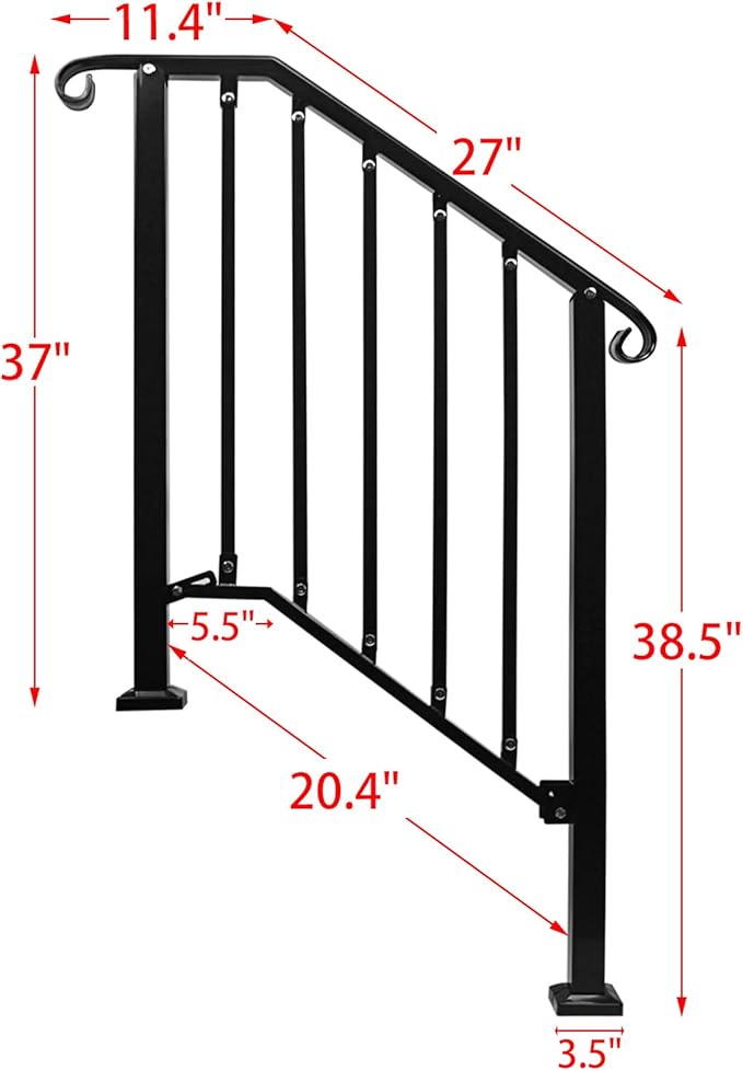 Adjustable Handrails for Outdoor Steps, Handrail Picket #2 Fits 2 or 3 Steps, Mattle Wrought Iron Handrail, Stair Rail with Installation Kit for Outdoor Steps