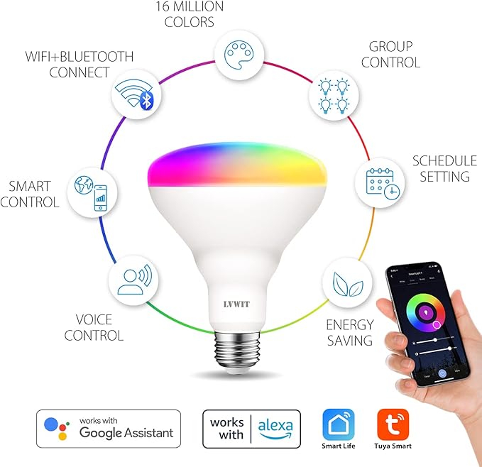 LVWIT Smart Light Bulbs Alexa, BR30 100W Equivalent, E26 Smart LED, Work with Google Assistant, Smart Life App, Tuya App, Dimmable 1300 Lumens RGB Color Changing Bulb (13W), No Hub Required, 4-Pack