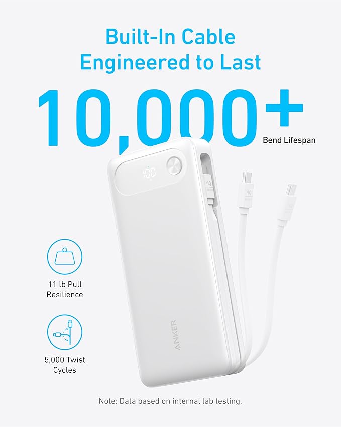 Anker Power Bank, 20,000mAh Travel Essential Portable Charger with Built-in USB-C Cable, 3-Port 87W Max Fast Charging Battery Pack, for MacBook, iPhone 16/15 Series, Samsung, Switch, and More