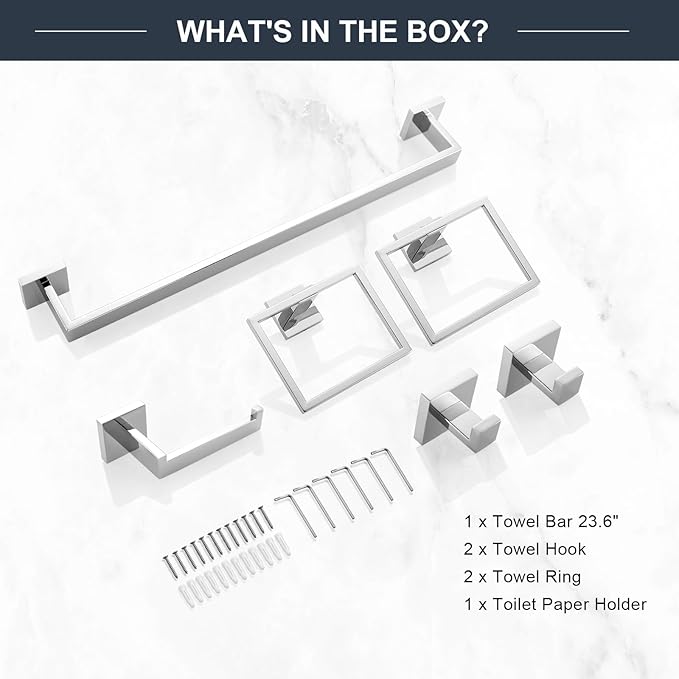 TQKAG 6-Piece Bathroom Towel Bar Sets Polished Chrome 23.6 inch Towel Bar Stainless Steel Towel Ring Coat Hook and Toilet Paper Holder Bathroom Hardware Set Wall Mounted Bathroom Accessories Kit