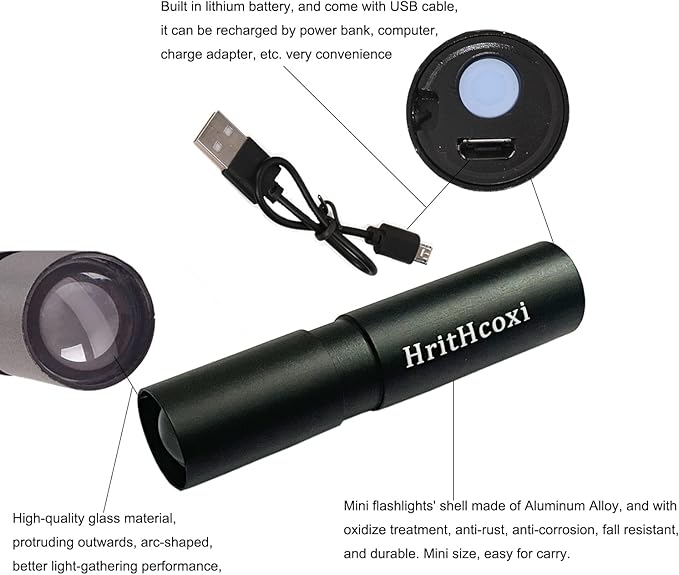 Rechargeable Mini LED Flashlights, 6pcs High Brightness Flash Light with Lithium Battery 3 Mode XPE 1200 Lumen Waterproof Zoomable Torch with USB Cable for Camping, Hiking, Riding, etc