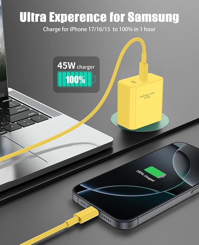 2 Pack 45W Super Fast Charger Type C for Samsung, USB C Android Phone Charger Fast Charging Block with 6FT/10FT Type C Charger Cord for Samsung Galaxy S25/S24/S23/S22+ Ultra/iPhone 17/16/15-Yellow