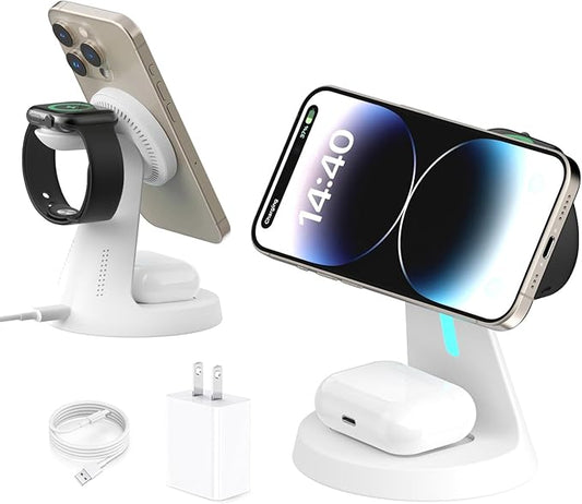 Wireless Charger Compatible with Mag-Safe,3 in 1 Charging Station for iPhone16/15/14/13/12 Series, Apple Watch,AirPods,and More,15W Fast Charging (USB-C Adapter Included)