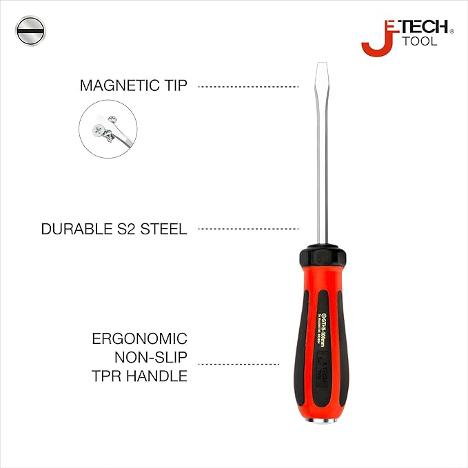 Jetech Striking Cap Go-Through Slotted Screwdriver, S2 Steel Flathead with Magnetic Tip, Ergonomic Soft Grip TPR Handle, 0.2 x 3.94 inches