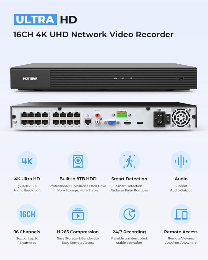 H.VIEW 4K 16 Channel Security Camera System 8TB Ultra Large HDD,16Pcs CCTV Camera Kits PoE 8MP Outdoor Bullet Wired Surveillance Video with Audio,16CH 4K H.265 NVR for 7/24 Recording