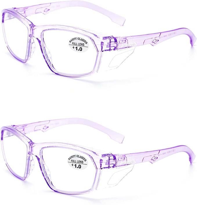 ProtectX Stylish Anti-Fog & Scratch-Resistant Safety Glasses With Readers, UV Protection Goggles, Anti-Impact Lightweight Glasses for Men＆Women Lilac Reading 1.0-2 Pack