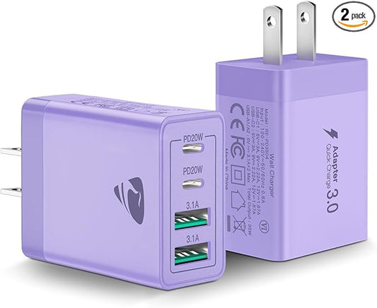 USB C Wall Charger Block 2-Pack, Aiminu 40W 4-Port PD Power Delivery Fast Type C Charging Block Plug Adapter for iPhone 15/14/13/12/11/Pro Max, XS/XR/X, iPad, Samsung, Android Phones Charger Cube