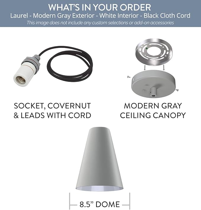 Steel Lighting Co. Laurel Pendant Light | Ceiling Mounted | 8.5 inch Cone Shade | Modern Contemporary Farmhouse Style Made in America | Black Cloth Cord | Modern Gray Exterior/White Interior