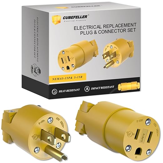 CUBEFELLER® Electrical Replacement Plug & Connector Set, Extension Cord Ends Male and Female, 3 Prong, 15Amp, 125Volt, NEMA 5-15P & NEMA 5-15R, UL Listed,1 Set,Comes with a Screwdriver,ER0105S