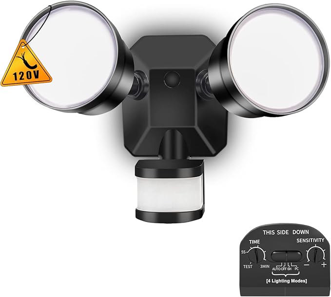 EMANER Motion Sensor Light Outdoor, Dusk to Dawn Floodlight 5000K, 4-Mode Security Light 2800lm Waterproof, 120V Eave Mount Spotlight for Porch Garage Backyard (1Pack, Black)