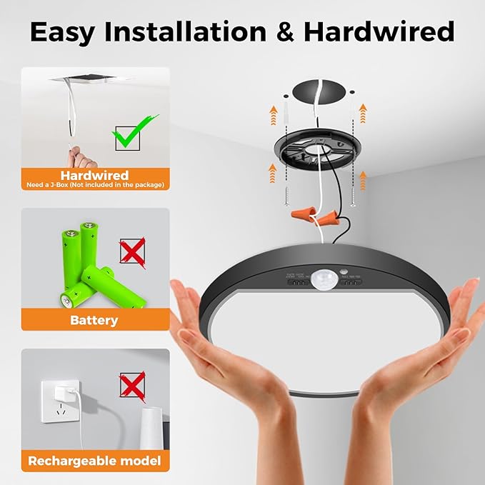 slochi Motion Sensor Light Indoor Wired, 8.7 Inch 3000K/4000K/6500K Closet Lights Motion Sensored, 18W 1800LM Flush Mount Ceiling Light for Hallway Pantry Stairwell Porch, Black