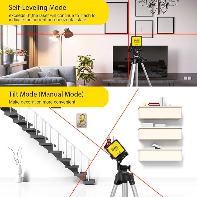 Laser level with Tripod Self Leveling, Cross Line Laser with Tilt Mode, 47 inch Tripod for Picture Hanging Construction Floor Tile Wall, 3 AAA Batteries Included