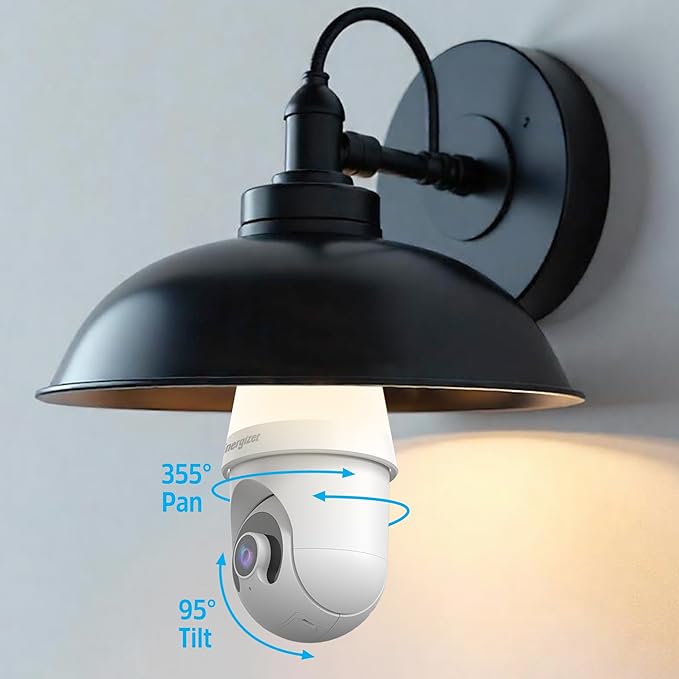 Energizer Smart 2K Light Bulb Security Camera, 1000 Lumens LED Light, 5GHz & 2.4GHz Wi-Fi Outdoor Socket Camera, Auto Tracking, Pan and Tilt, Night Vision, 2-Way Audio, Works with Google Home & Alexa