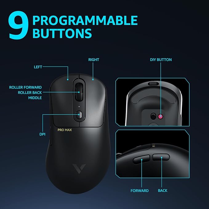 Rapoo VT3PRO MAX Wireless Gaming Mouse, 59g Superlight, 8KHz Polling, PAW 3950 Ultimate Optical Sensor, 30K Independent X/Y DPI, 1+8 Programmable Buttons, 200H Battery Life, Classic Shape, PC, Black