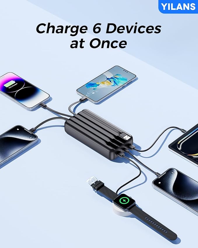 Portable Charger,50000mAh Power Bank Built-in Cable, 22.5W PD USB C In & Out Fast Charging, External Battery Pack with 6 Output & 2 Input, Travel Phone Charger for iPhone 17/16/15/14/13/12, Android