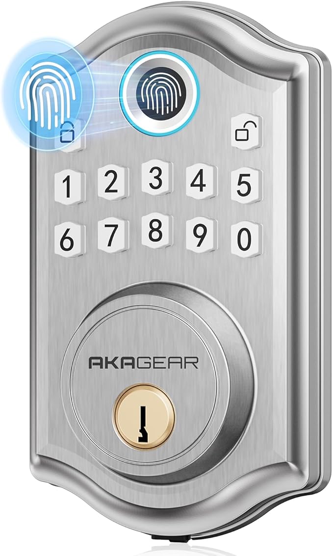 DS10 Keyless Entry Door Lock - Fingerprint Door Lock with 2 Keys, Electronic Keypad Deadbolt, Smart Door Lock, Keypad Lock for Front Door, Auto-Lock & One Touch Locking - Satin Nickel