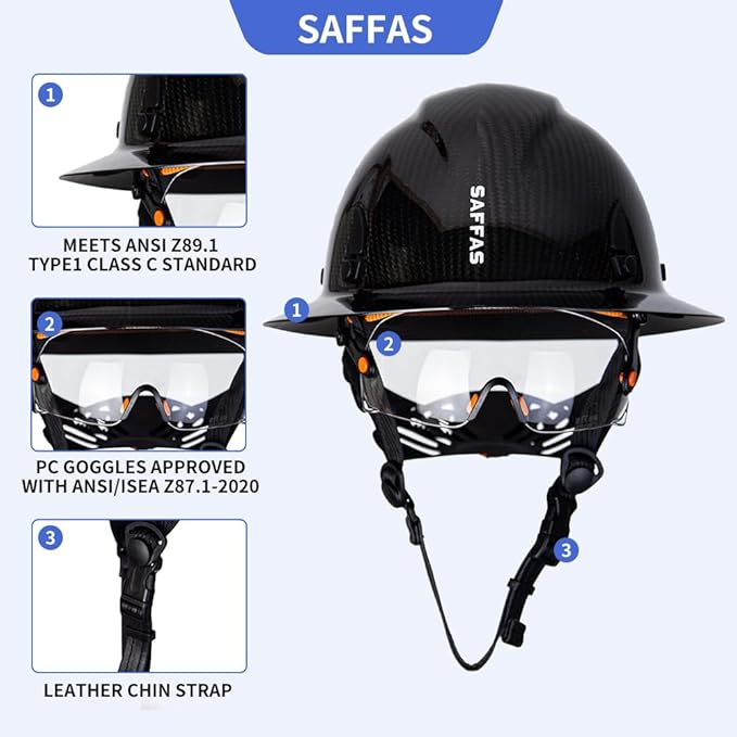 Carbon Fiber Full Brim Hard Hat Safety Helmet with Goggles and Leather Chin Strap 6-Point Suspension Adjustable Knob with Neck Protection
