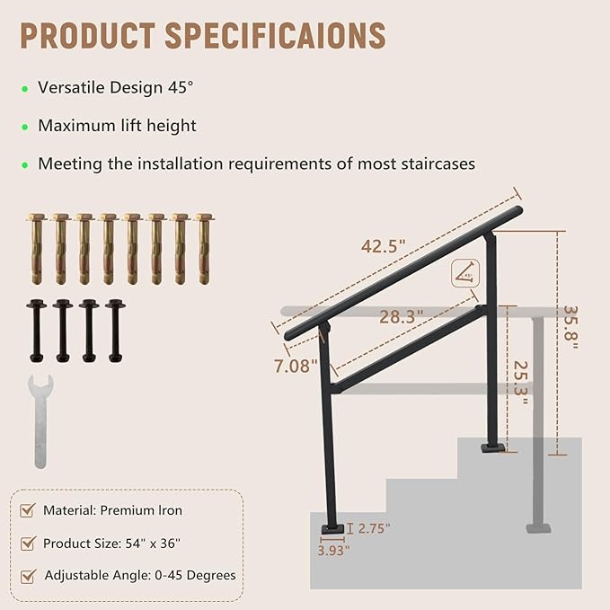 Hand Rails for Outdoor Steps,2-3 Step Railing for Stairs,Adjustable Porch Railing,Hand Rails for Seniors,Outdoor Deck Handrails for Exterior Steps,Black