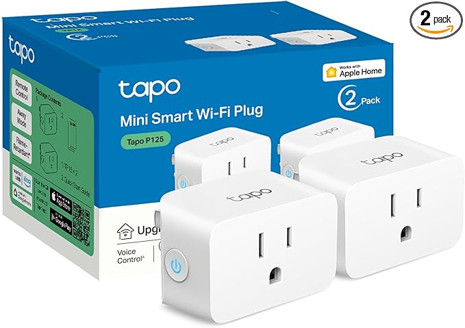 TP-Link Tapo Apple HomeKit Smart Plug Mini, Compact Design, 15A/1800W Max, Super Easy Setup, Works with Siri, Alexa & Google Home, UL Certified, 2.4G Wi-Fi Only, White, Tapo P125(2-Pack)