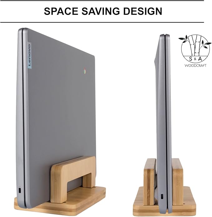 S&A WOODCRAFT Bamboo Wood Vertical Laptop Stand, Adjustable Wooden Laptop Holder, Non-Slip Laptop Dock Compatible with Apple MacBook, Microsoft Surface, Gaming Laptops, IPad, Tablets