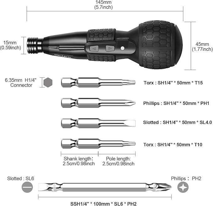 3.6V Rechargeable Cordless Electric Screwdriver, Portable Mini 2-in-1 Automatic & Manual Home Repair with Non-slip Handle & LED Light, Includes 5pcs Bit, 1800mAh USB-C Battery – Black
