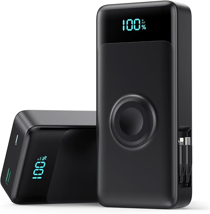 Portable Charger 40800mAh Power Bank with 2 Built-in Retractable Cables,25W PD Fast Charging Phone Charger with iWatch Charger,5 Output 2 Input LCD Display Battery Pack for iPhone 16/15,Android(Black)