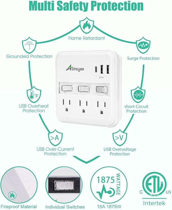 Alitayee Wall Outlet Extender Surge Protector, USB Power Strips with Individual Switches and 15.5W Type-C Fast Charging Ports for Cell Phone,Home,Office,Dorm ETL Listed White