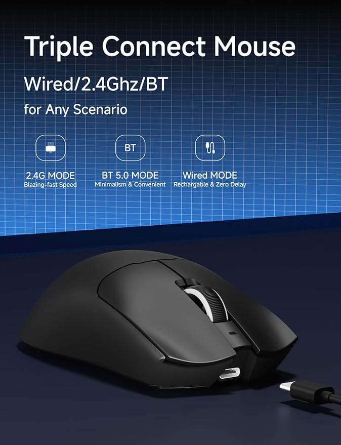 S9 Wireless Gaming Mouse, 59G Ergonomic Computer Mouse, Triple Modes, 8K Polling, 26K DPI, PAW3395 Optical Sensor, Huanyu Switch, 250h Battery Life, Programmable for PC/Win/Mac(Black)