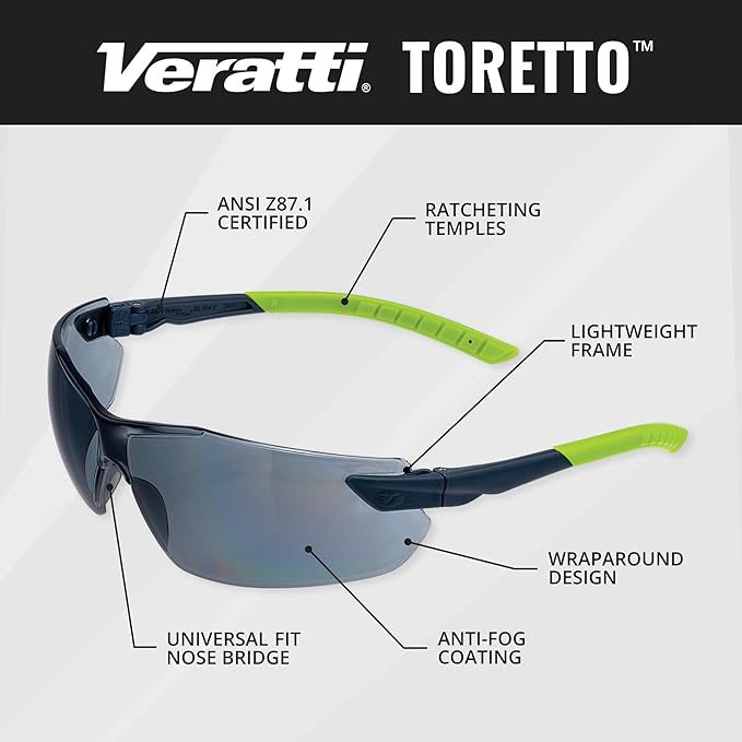 Veratti Toretto Safety Glasses, Anti-Fog Gray Lens, ANSI Z87.1 Certified, Gray/Green Frame, Affordable Eyewear