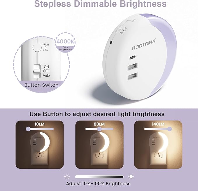 ROOTOMA Led Night Light Plug Into Wall, Dimmable Night Light for Kids with USB Wall Charger 3 Ports,Smart Dusk to Dawn Sensor Adjustable Brightness,for Bedroom, Bathroom, Stairs, Kitchen, Hallway