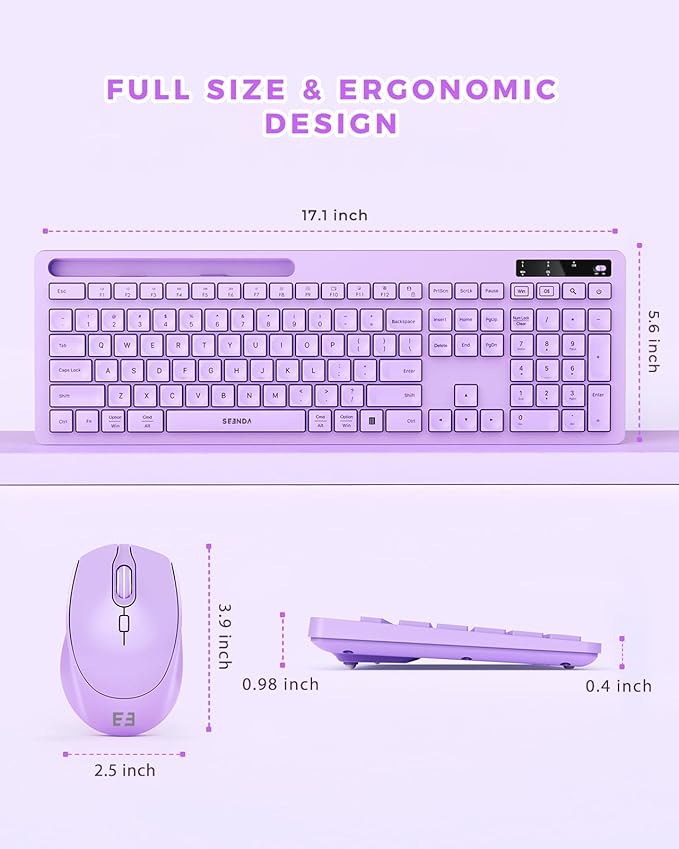 Wireless Keyboard and Mouse for MacBook, seenda Full-Size Purple Keyboard with Phone Holder, 2.4G USB A & Type C Receiver, Compatible for Mac, MacBook/Air/Pro Windows Computer/Desktop/Laptop
