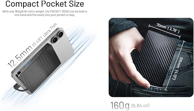 Nitecore Pocket 10000 Power Bank, 10000mAh Dual USB-C Ports for Phones, Flashlights, and Headlamps with Built-in USB-C Cable