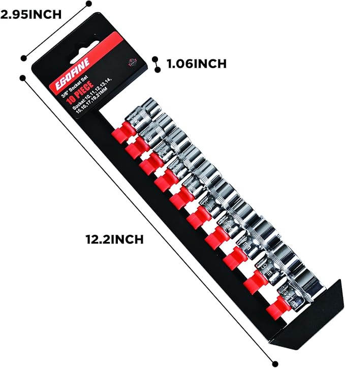 Egofine 10PCS 3/8” Drive Standard Socket Set,Shallow,Metric（10-21mm,6 Point Socket Set With Hanging Bracket,Cr-V Steel