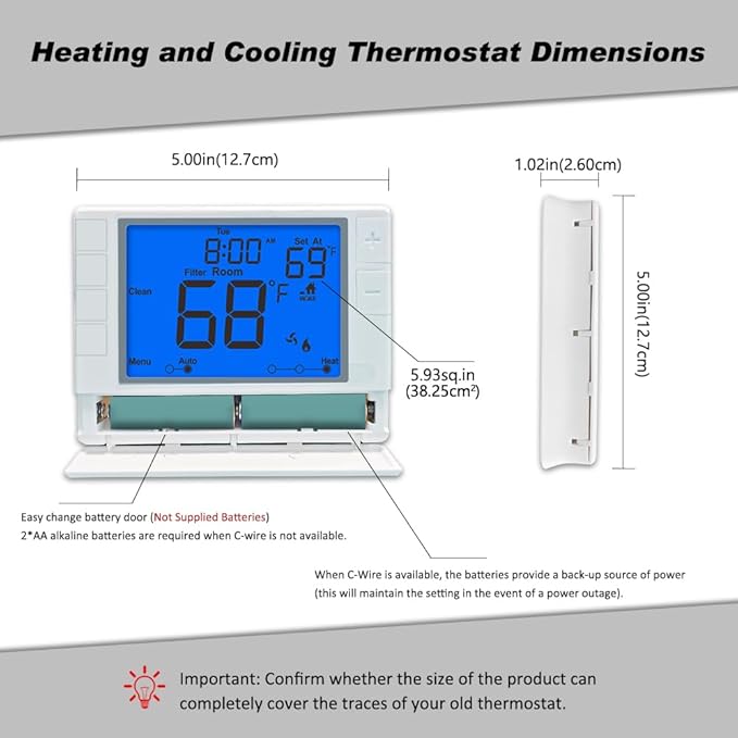Programmable Thermostat, Thermostat for Home HVAC Systems,Multi-Stage, 2 Heat/2 Cool, Blue Backlight
