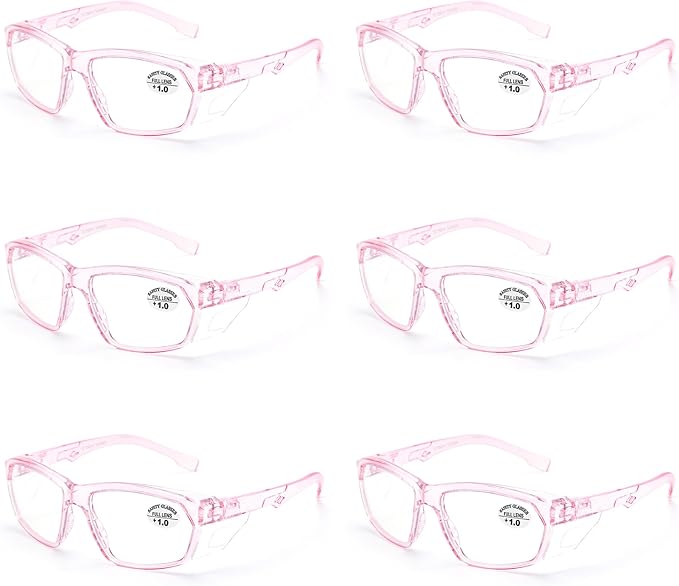 ProtectX Stylish Anti-Fog & Scratch-Resistant Safety Glasses With Readers, UV Protection Goggles, Anti-Impact Lightweight Glasses for Men＆Women Pink Reading 1.0-6 Pack