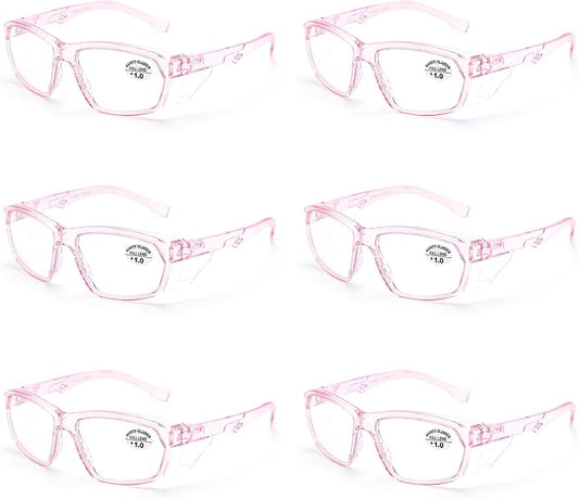 ProtectX Stylish Anti-Fog & Scratch-Resistant Safety Glasses With Readers, UV Protection Goggles, Anti-Impact Lightweight Glasses for Men＆Women Pink Reading 1.0-6 Pack