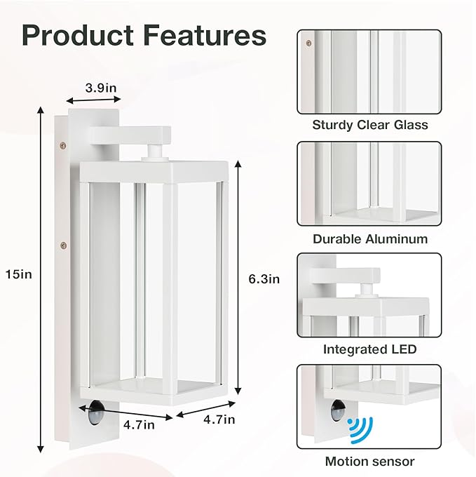 Outdoor Wall Light with Motion Sensor & LED, Waterproof Aluminum Fixture, 750LM 3000K Warm White for Porch Garage Entryway Fence, Exterior Security Sconce Lighting (White)