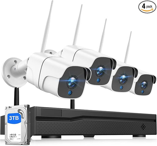 Wireless Security Camera System with 3TB HDD - 4 Outdoor Bullet Cameras & 8CH NVR for 24/7 Recording - IP66 Weatherproof, Remote Access, Plug-and-Play Home CCTV Setup