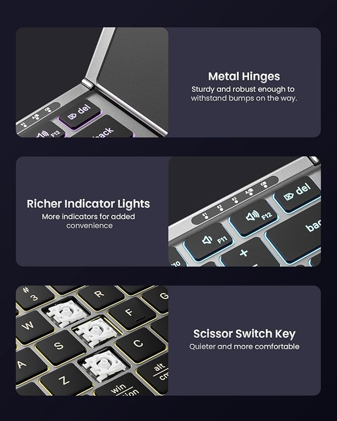 Samsers Foldable Bluetooth Keyboard with Touchpad, Full-Size Wireless Folding Keyboard with Backlight, Portable Travel Keyboards for iOS Android Windows Mac OS, Support 3 Device(BT5.1 x 3), Gray