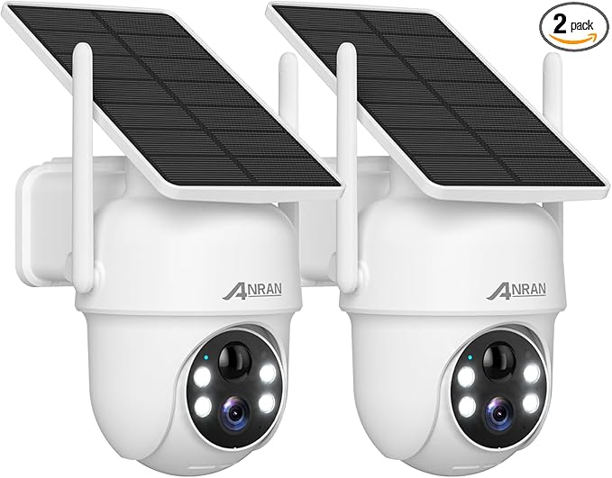 ANRAN Solar Security Cameras Wireless Outdoor,2K Cameras for Home Security with Fixed Solar Panel, 360° PTZ for Home Surveillance,2.4G WiFi, PIR Human Detection, 3MP Color Night Vision, 2 Pack
