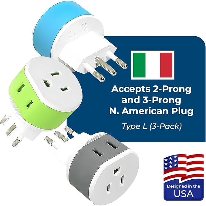 Orei Italy, Uruguay Type L Power Plug Adapter 3 Pack - 2 Usa Inputs, safe for cell phones, laptops, camera chargers, Cpap, and more US-12A