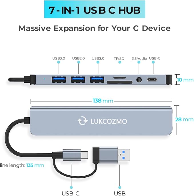 USB Hub USB C Hub USB Splitter 7 in 1 USB Extender with 4 USB Port 1 USBC Port TF/SD Card Reader Audio Output Compatible with MacBook/Pad Pro/Dell/HP Laptop/Phones…