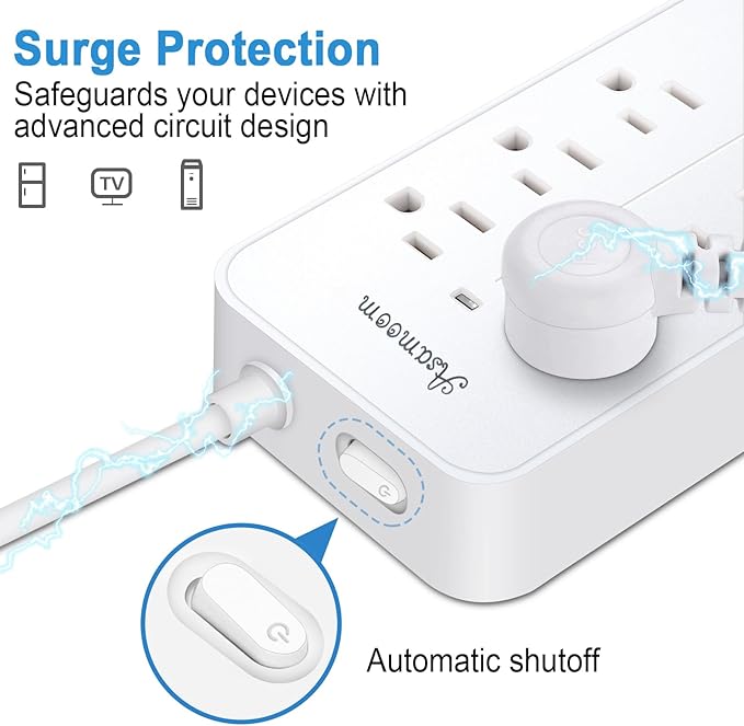 10FT Surge Protector Extension Cord with USB C, Flat Plug Power Strip - 8 Outlets & 3 USB Ports (A x 2, C x 1), Wall Mount Desk Power Strip - White, ETL Listed