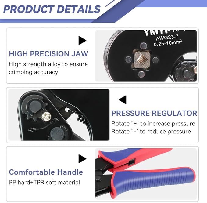 Ferrule Crimping Tool AWG 23-7 with 1900PCS Ferrules Kit, Square Crimper for End-Sleeves Terminal - Self-Adjusting Racheting Tool Visit the YMYP Store