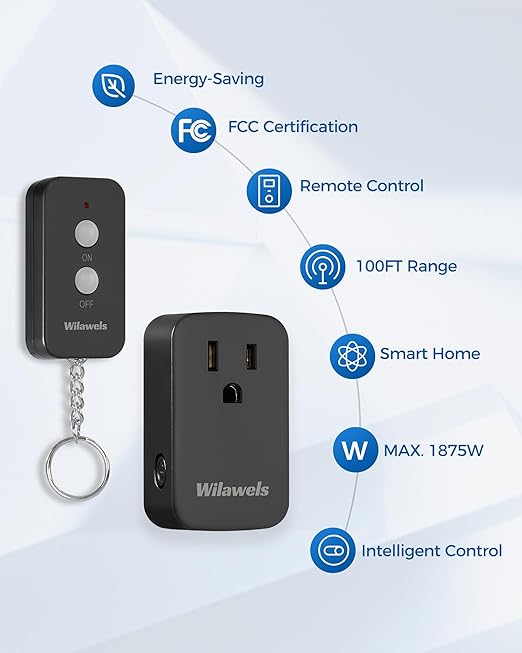 Remote Control Outlet Plug Wireless On Off Power Switch, Black Remote Light Switch Wireless for Lamp, Light, Fan, Programmable, Portable, 100ft RF Range, FCC Certified, Battery Included H02RC1106