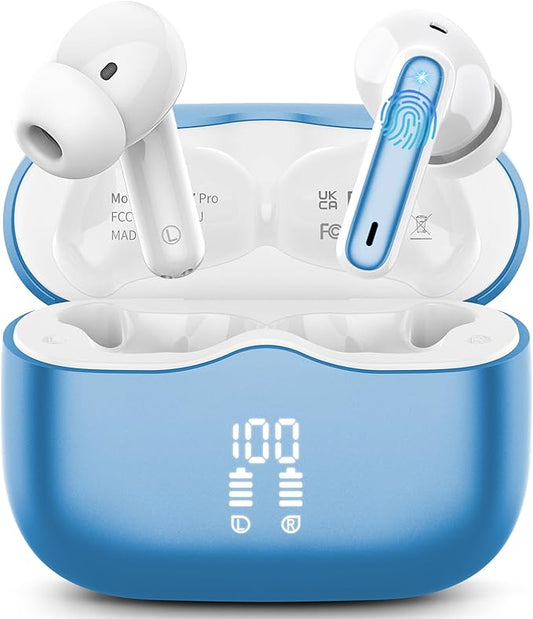 Wireless Earbuds, Bluetooth 5.4 Headphones in Ear with 4 ENC Noise Cancelling Mic, New Wireless Earphones HiFi Stereo Deep Bass 40H Playtime, In-Ear Bluetooth Earbuds LED Display IP7, USB-C, Lake Blue