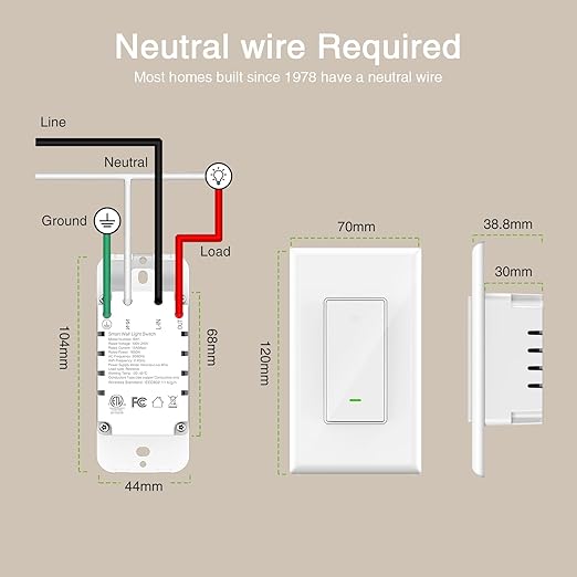 GHome Smart Switches for Lights, WiFi Smart Light Switch Works with Alexa and Google Home, Single-Pole, Neutral Wire Required, 2.4Ghz WiFi Light Switch with APP Control, No Hub Required, UL FCC Listed