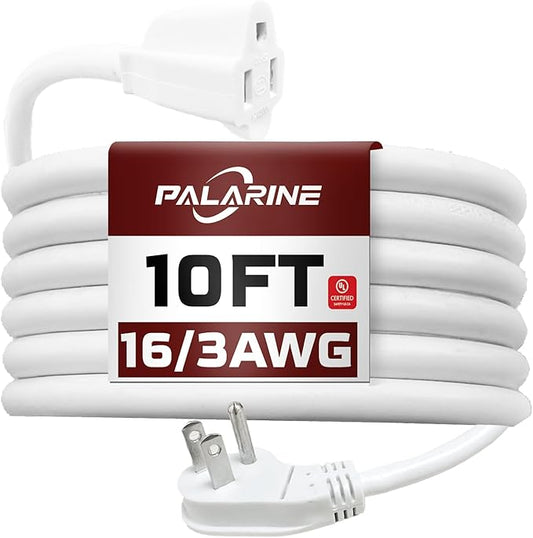 PALARlNE Indoor Flat Plug White Extension Cord 10ft, UL Listed, 16/3 SJTW 3 Prong Heavy Duty, 16 Gauge 13A Power Cord for Lights, Appliance, Home, Office